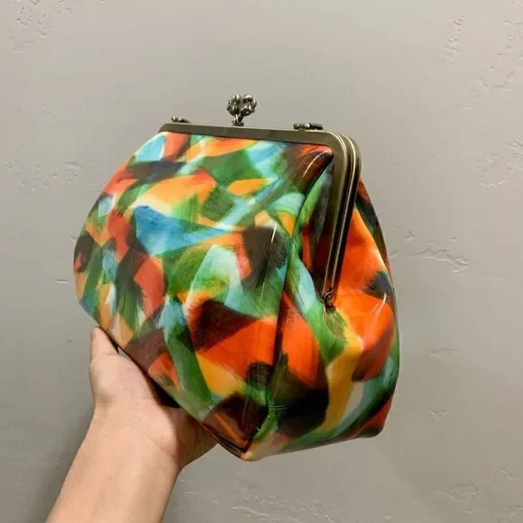 Handmade Genuine Leather Abstract Print “Birds” Kisslock Wristlet/Crossbody - Picture 13 of 17